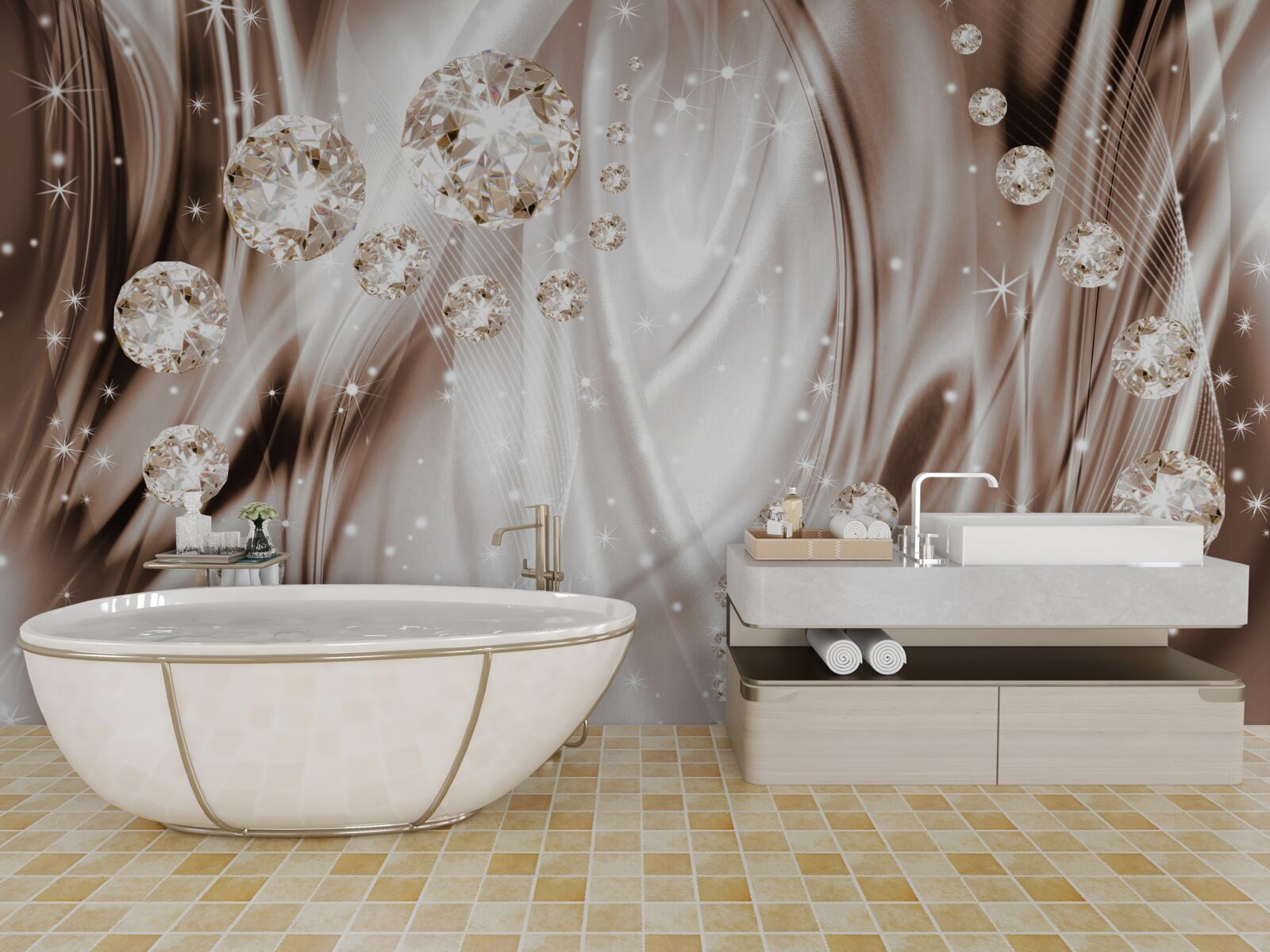 Fototapet mătase maro cu accesorii aurii