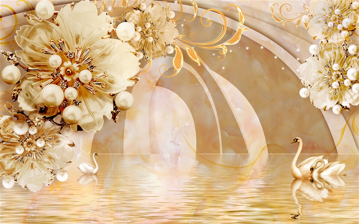 Fototapet un lac strălucitor de aur, în care înoată lebedele și cresc flori