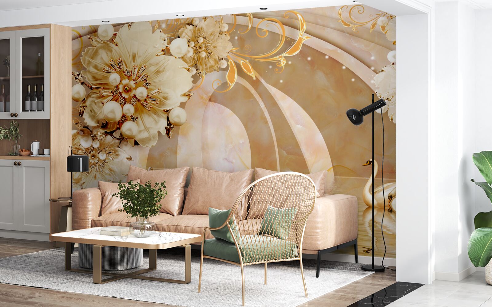 Fototapet un lac strălucitor de aur, în care înoată lebedele și cresc flori