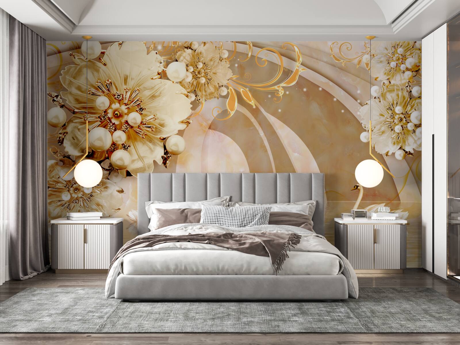 Fototapet un lac strălucitor de aur, în care înoată lebedele și cresc flori