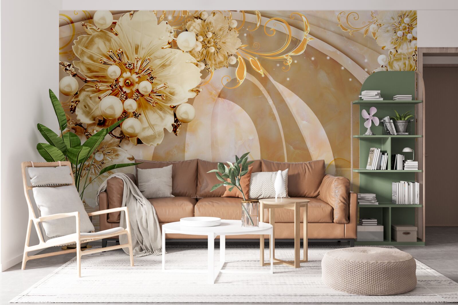 Fototapet un lac strălucitor de aur, în care înoată lebedele și cresc flori