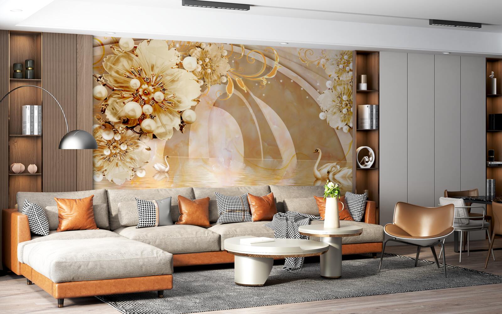 Fototapet un lac strălucitor de aur, în care înoată lebedele și cresc flori