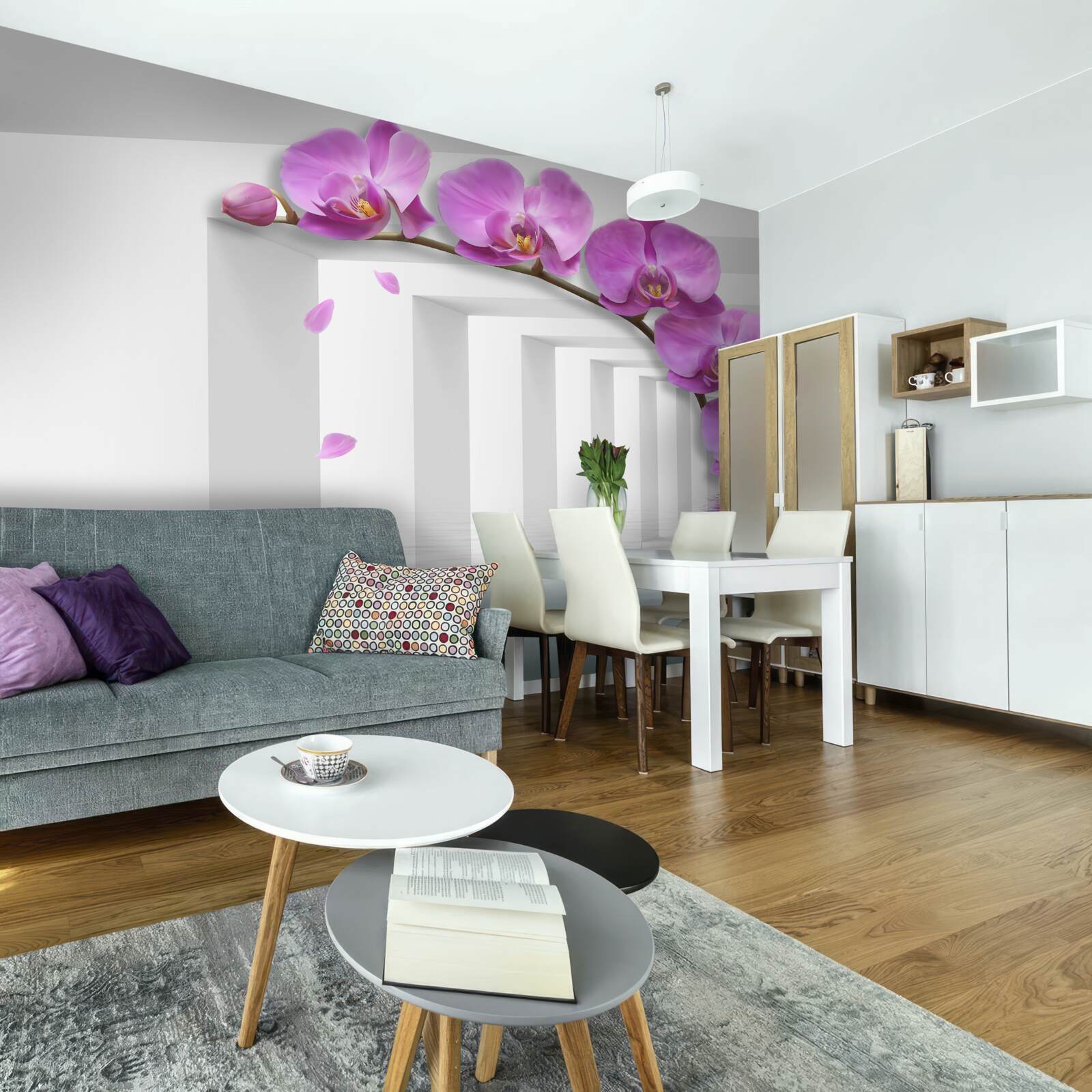 Fototapet orhidee liliac pe o ramură înconjurată de arcuri albe