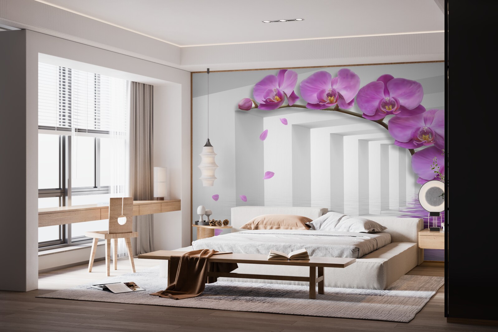 Fototapet orhidee liliac pe o ramură înconjurată de arcuri albe