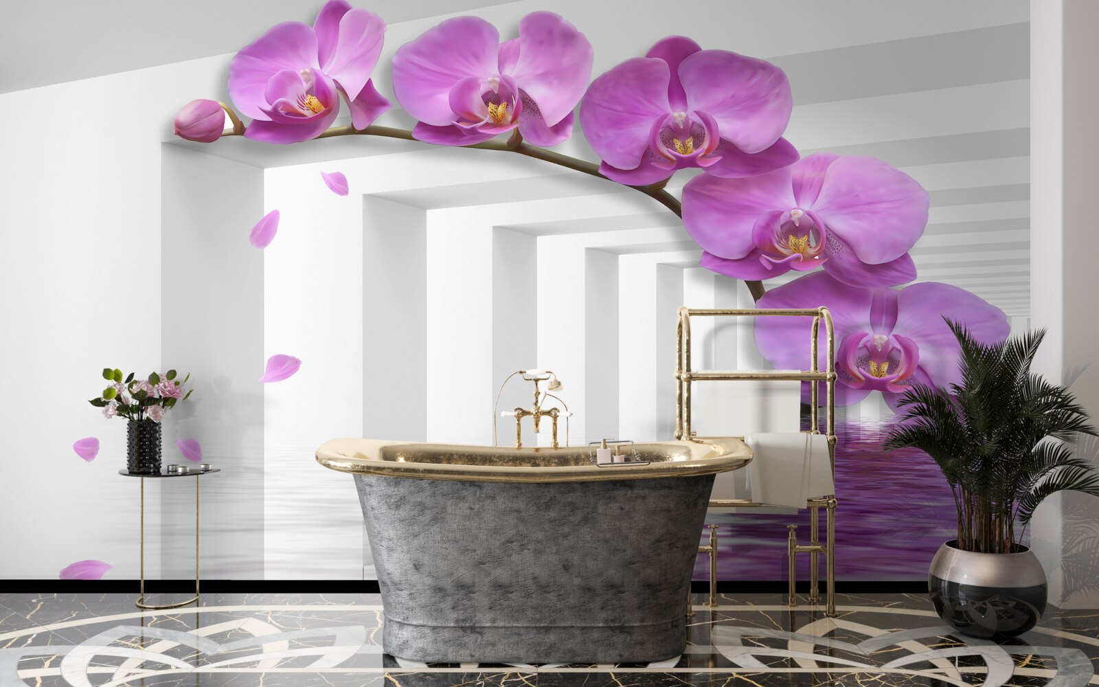 Fototapet orhidee liliac pe o ramură înconjurată de arcuri albe