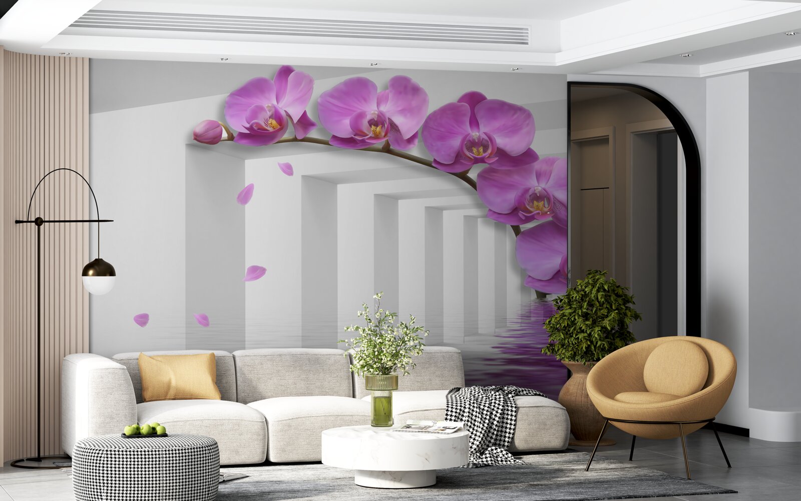 Fototapet orhidee liliac pe o ramură înconjurată de arcuri albe