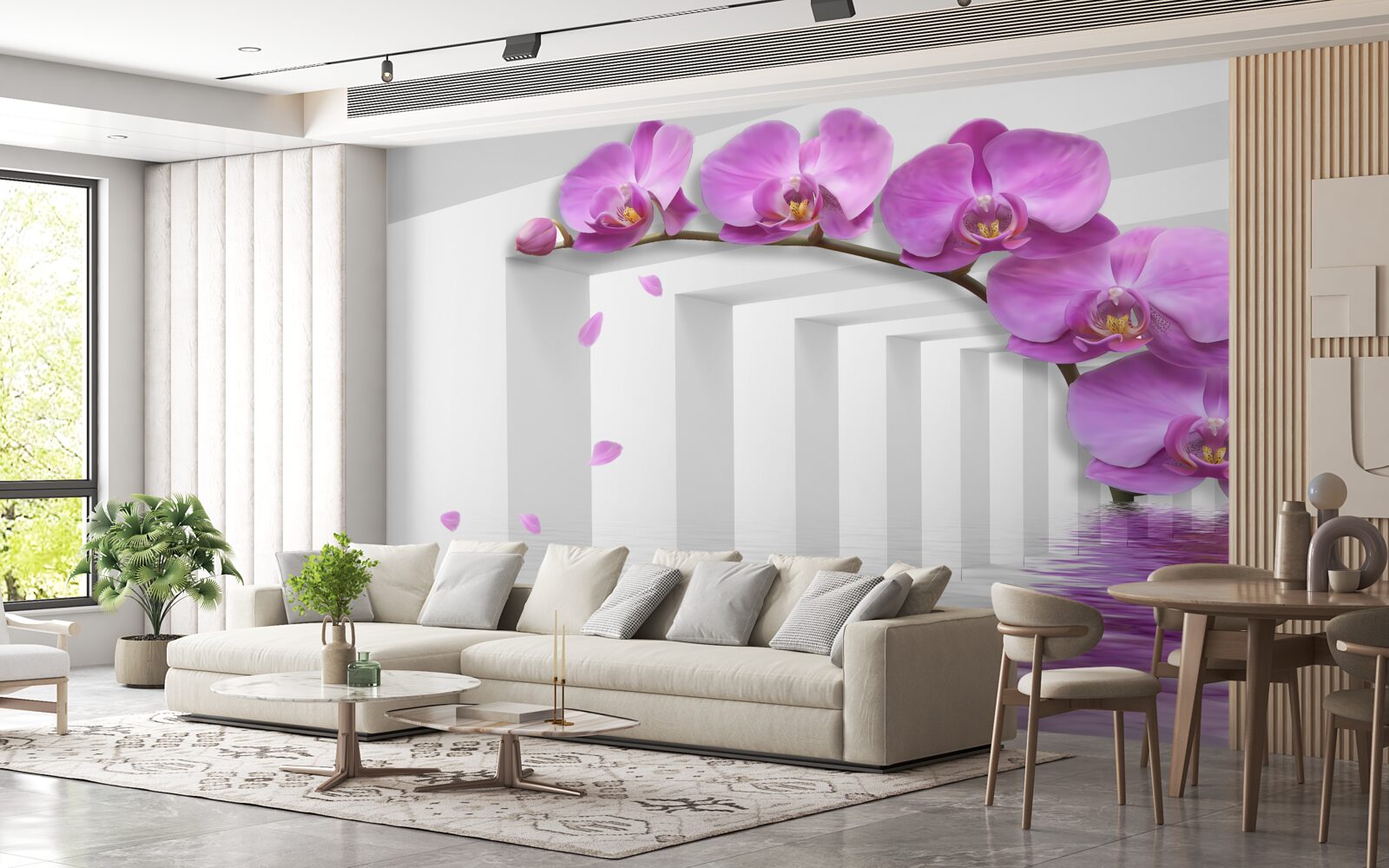 Fototapet orhidee liliac pe o ramură înconjurată de arcuri albe