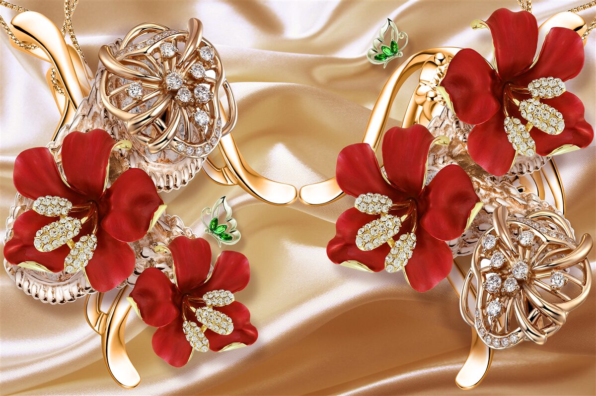 Fototapet muguri roșii decorați cu elemente decorative pe mătase aurie