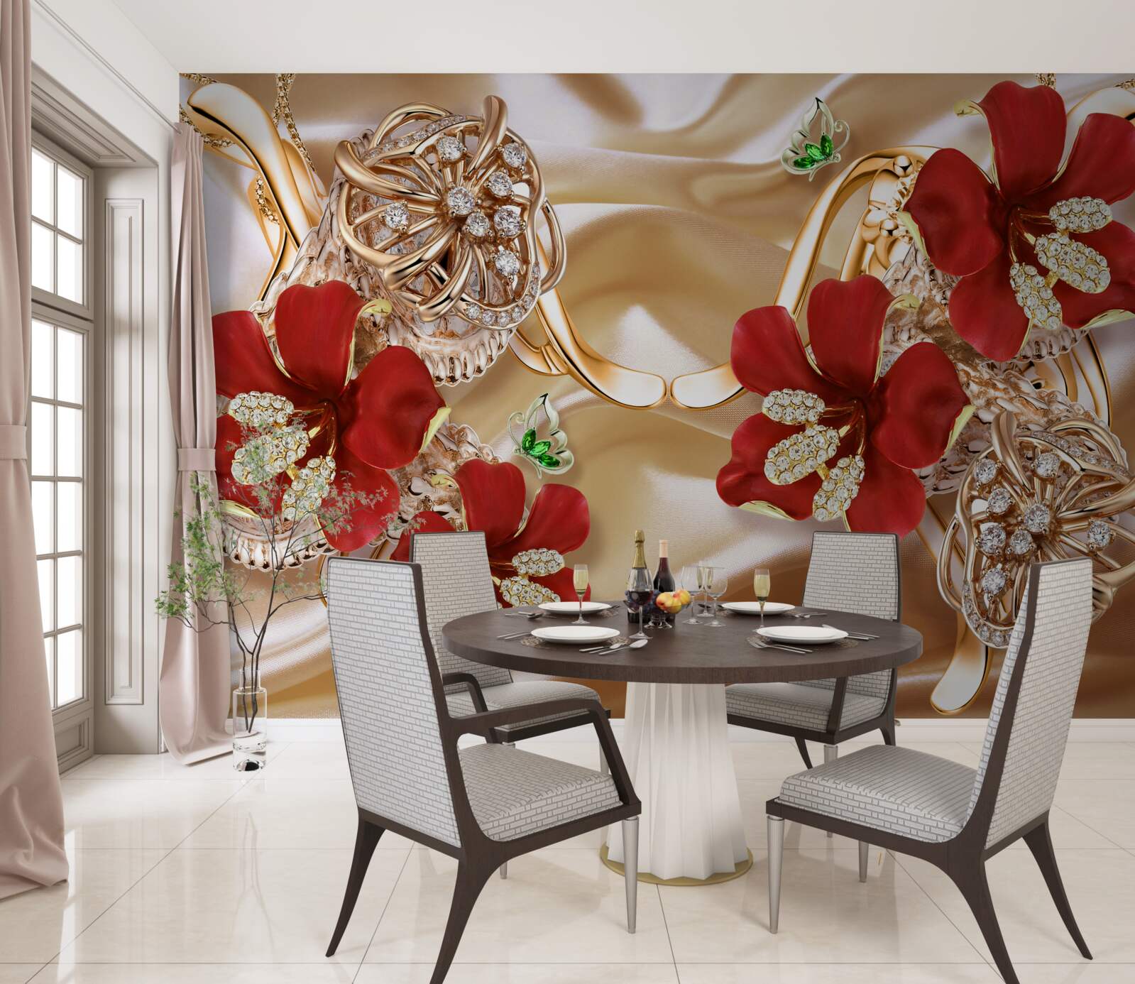 Fototapet muguri roșii decorați cu elemente decorative pe mătase aurie