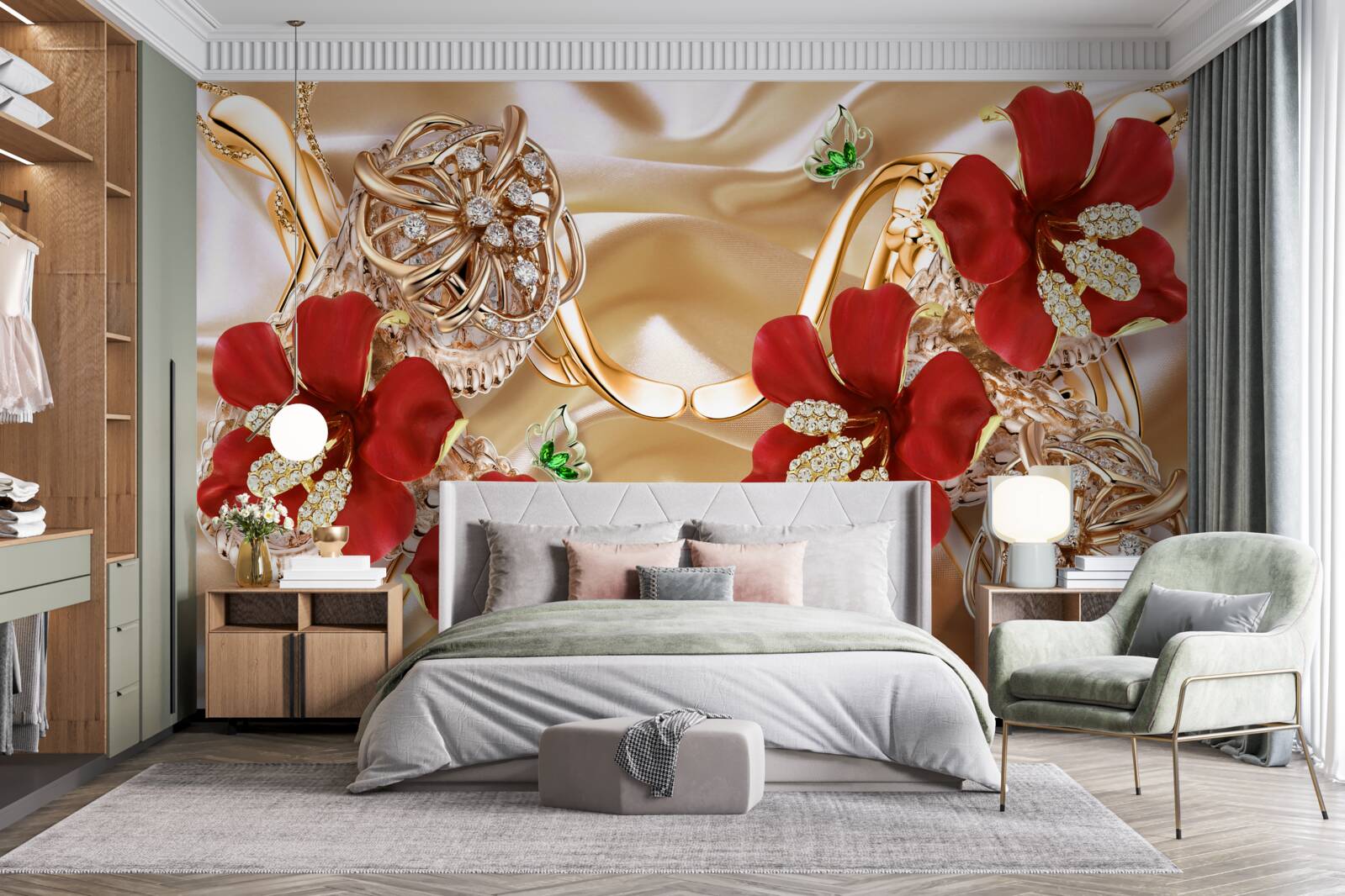 Fototapet muguri roșii decorați cu elemente decorative pe mătase aurie