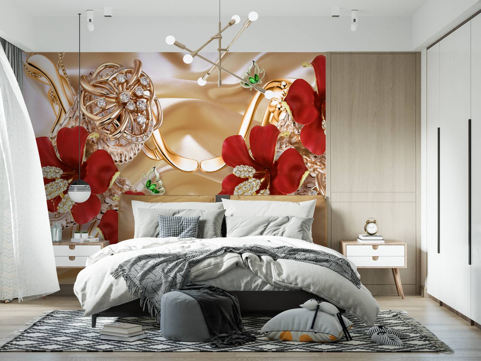 Fototapet muguri roșii decorați cu elemente decorative pe mătase aurie