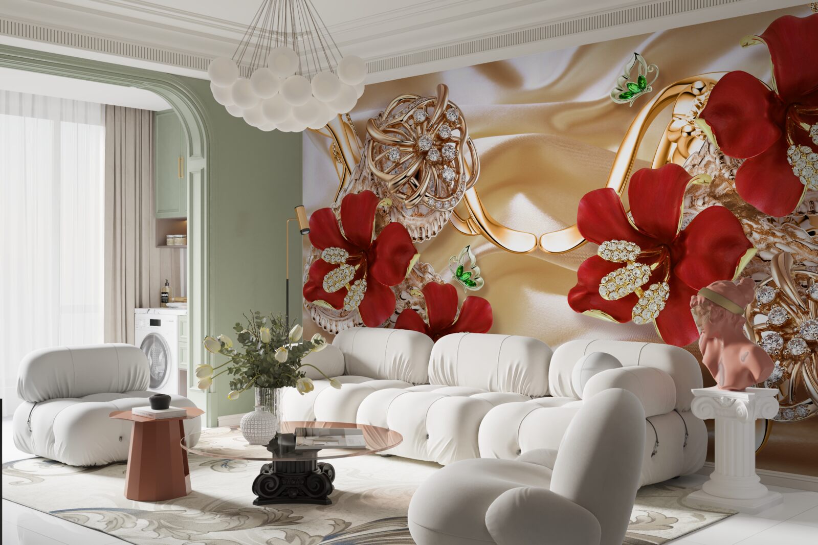 Fototapet muguri roșii decorați cu elemente decorative pe mătase aurie