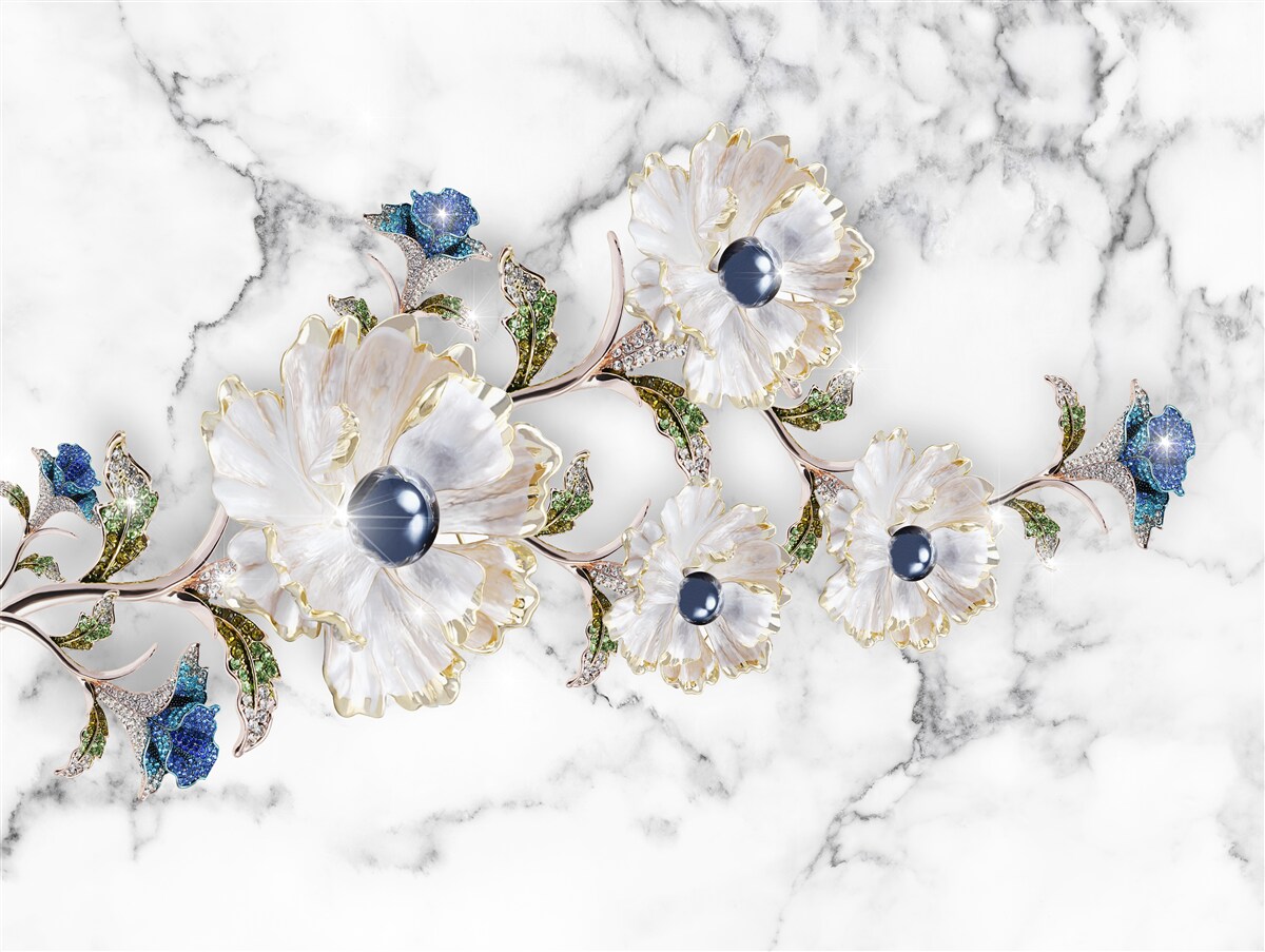 Fototapet marmura este decorată cu flori albe cu perle