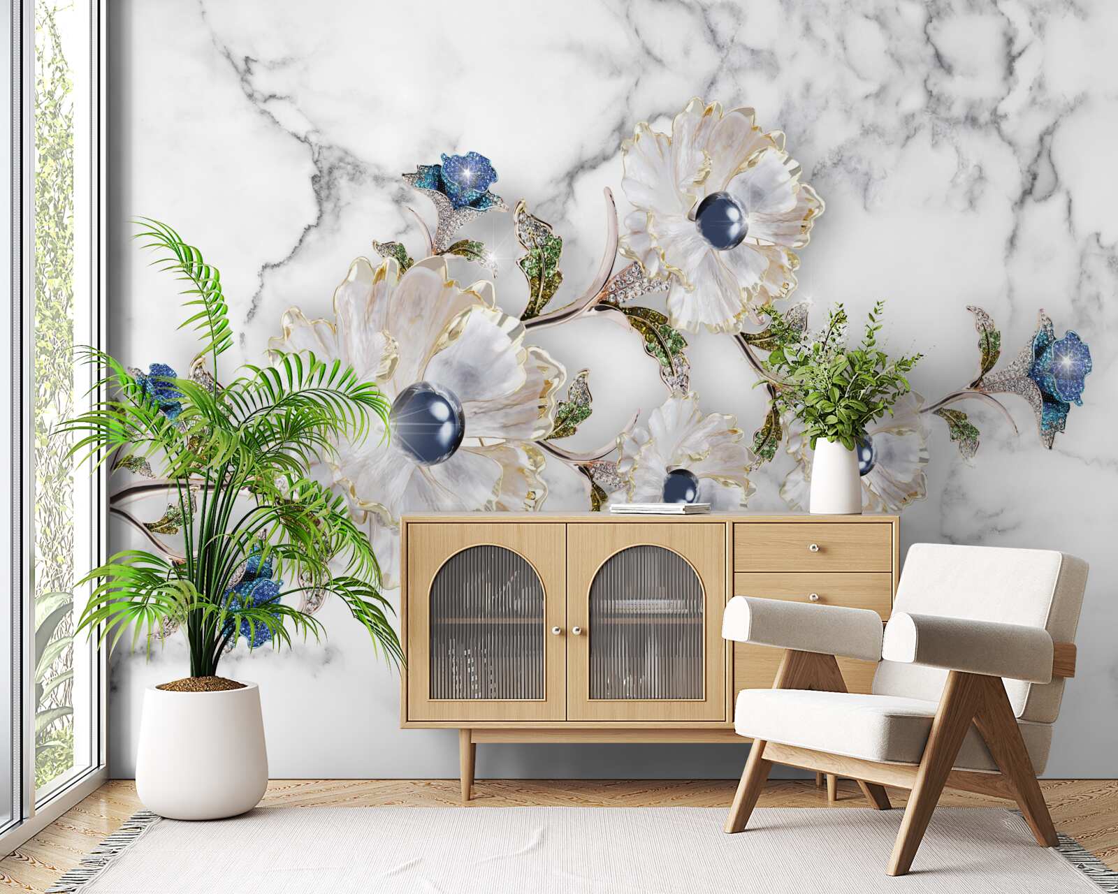 Fototapet marmura este decorată cu flori albe cu perle