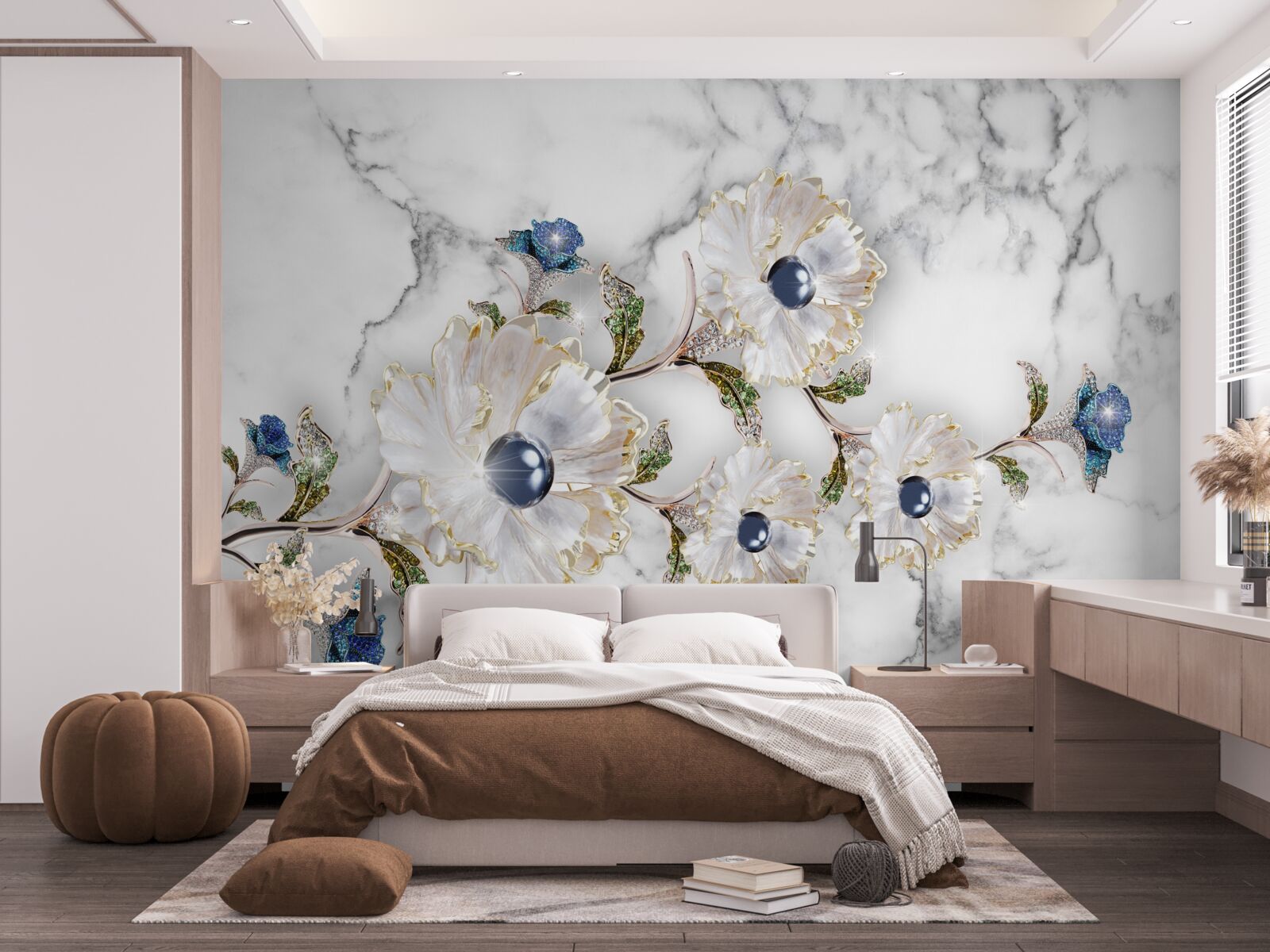 Fototapet marmura este decorată cu flori albe cu perle