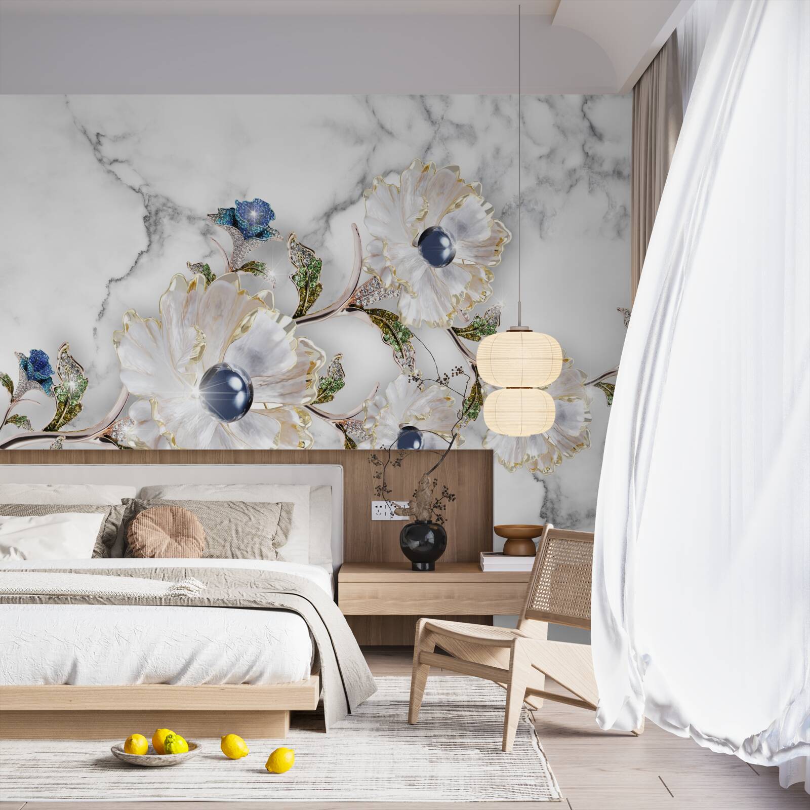 Fototapet marmura este decorată cu flori albe cu perle