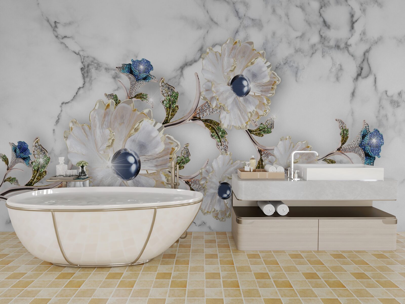 Fototapet marmura este decorată cu flori albe cu perle