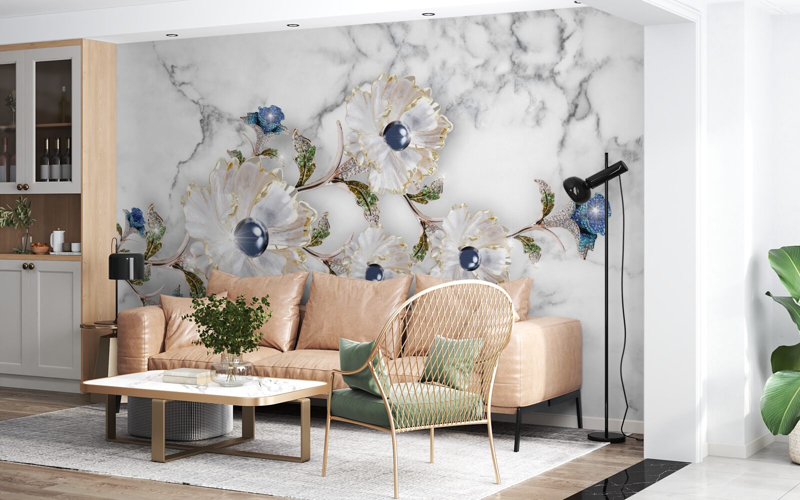 Fototapet marmura este decorată cu flori albe cu perle