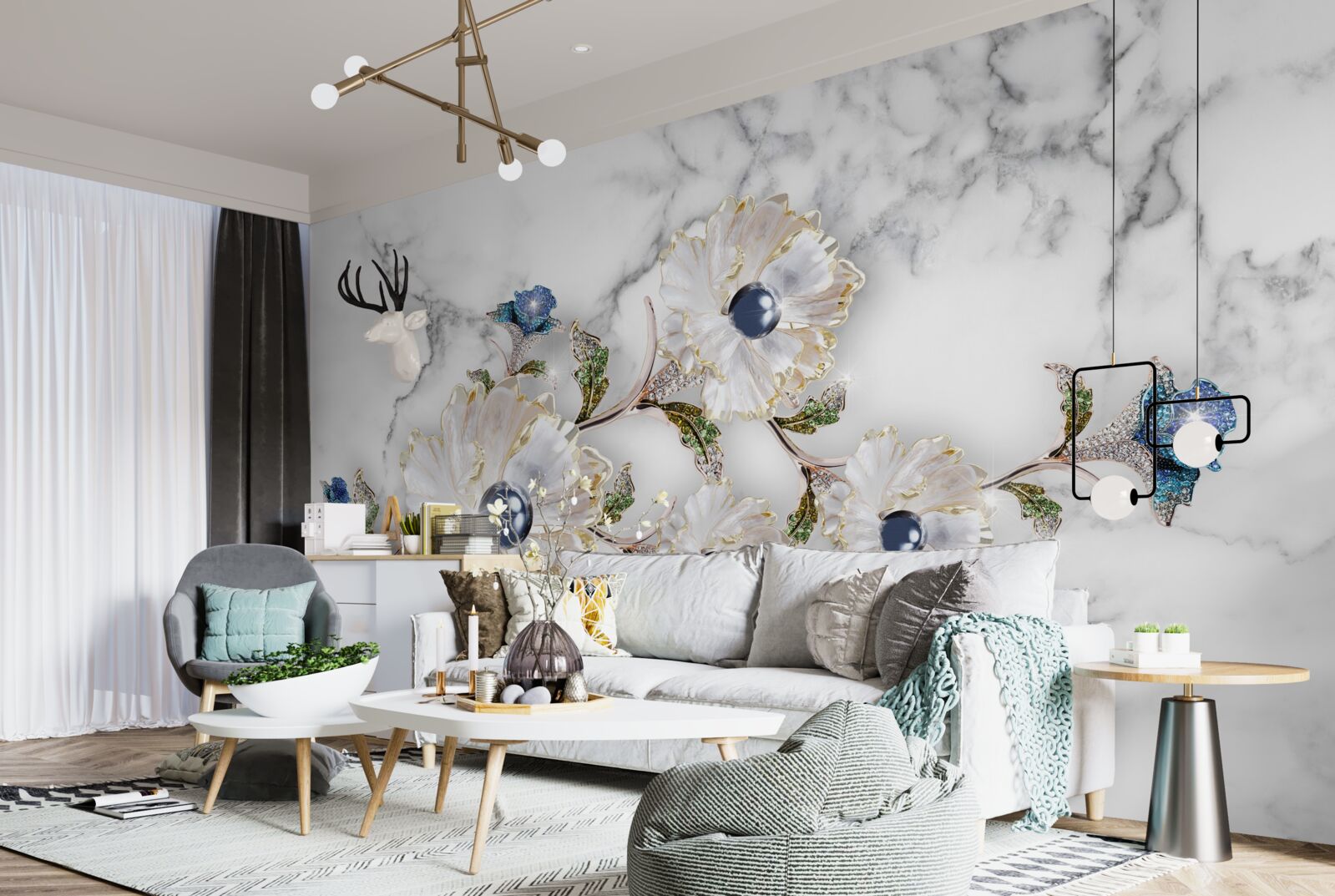 Fototapet marmura este decorată cu flori albe cu perle