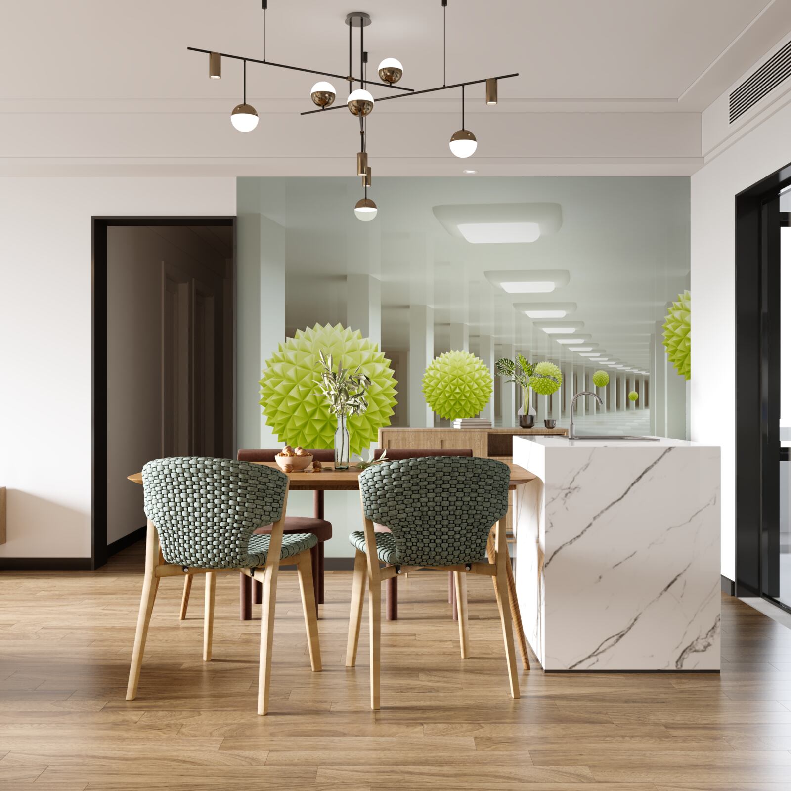 Fototapet tunel în perspectivă înconjurat de bile galbene