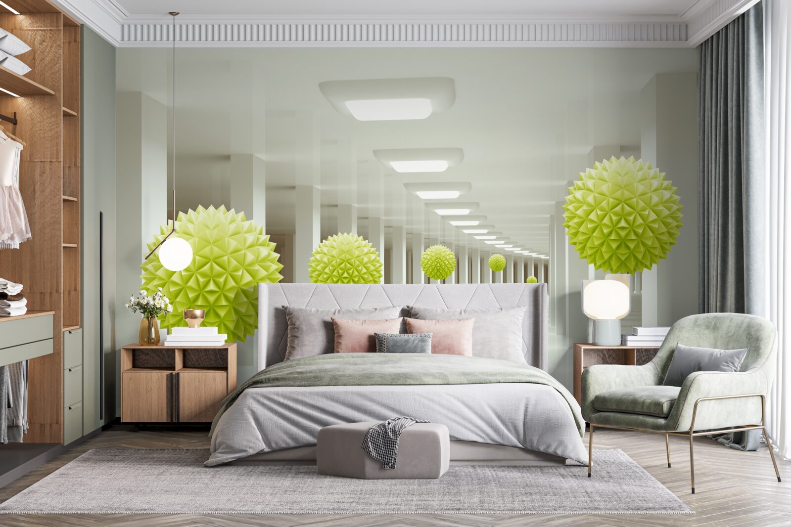 Fototapet tunel în perspectivă înconjurat de bile galbene