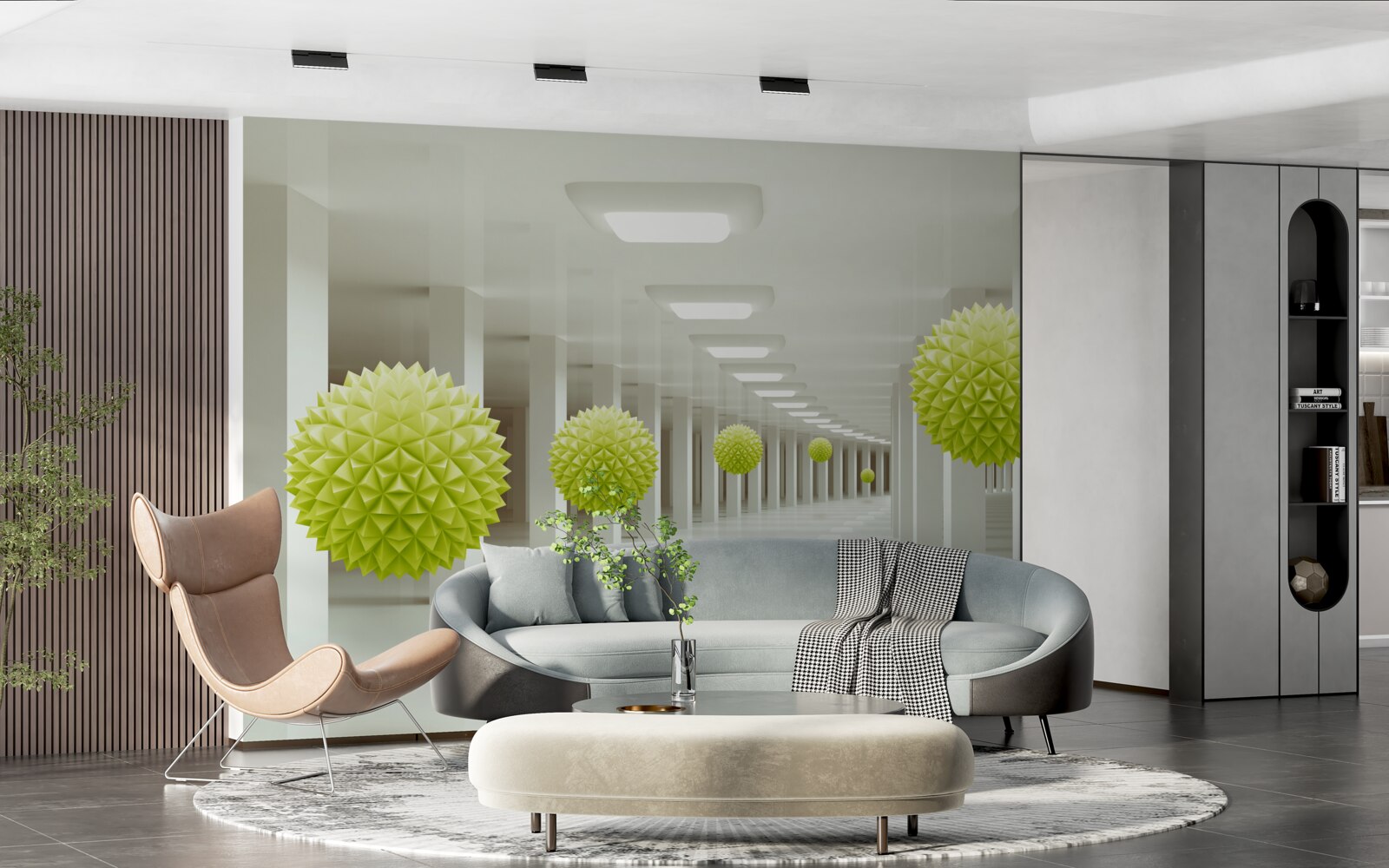 Fototapet tunel în perspectivă înconjurat de bile galbene