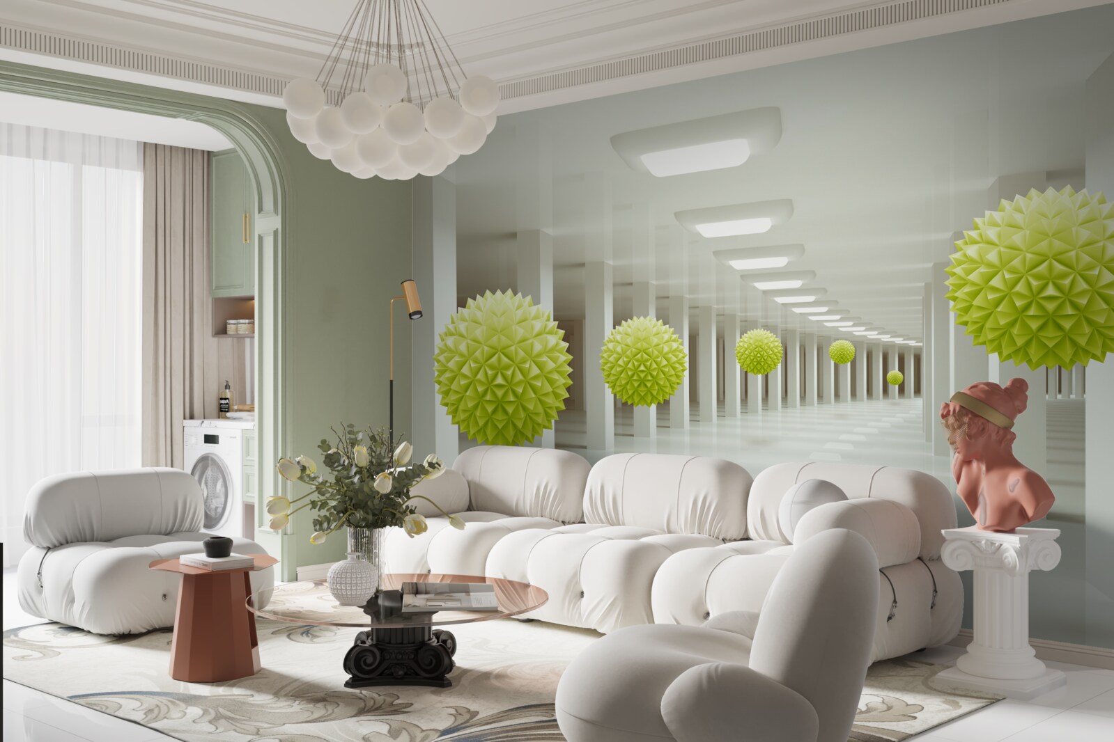 Fototapet tunel în perspectivă înconjurat de bile galbene