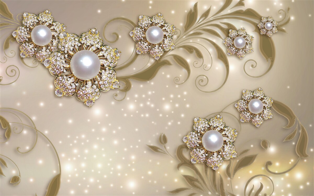 Fototapet bijuterii cu flori și perle în tonuri aurii