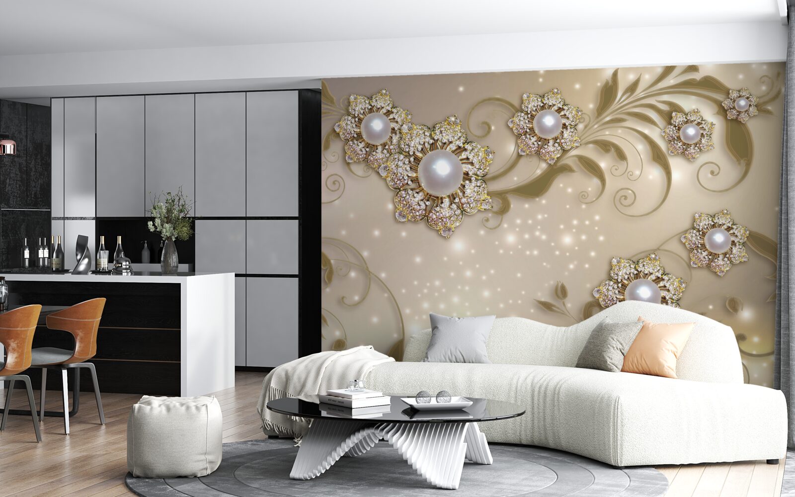 Fototapet bijuterii cu flori și perle în tonuri aurii