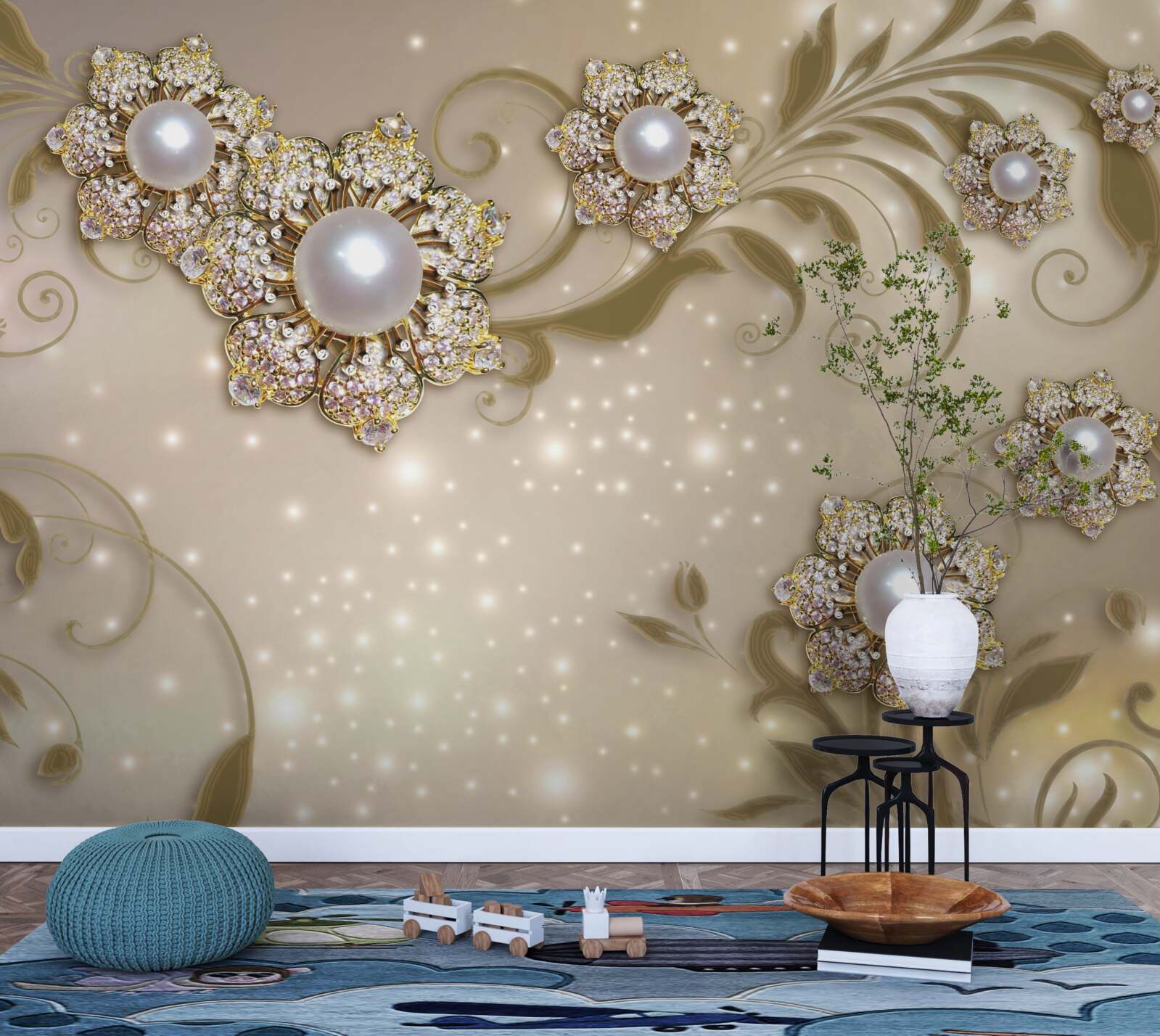 Fototapet bijuterii cu flori și perle în tonuri aurii