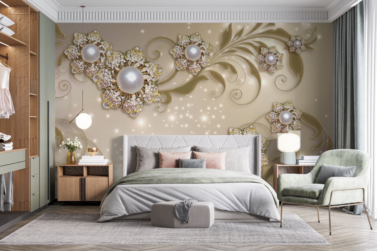 Fototapet bijuterii cu flori și perle în tonuri aurii