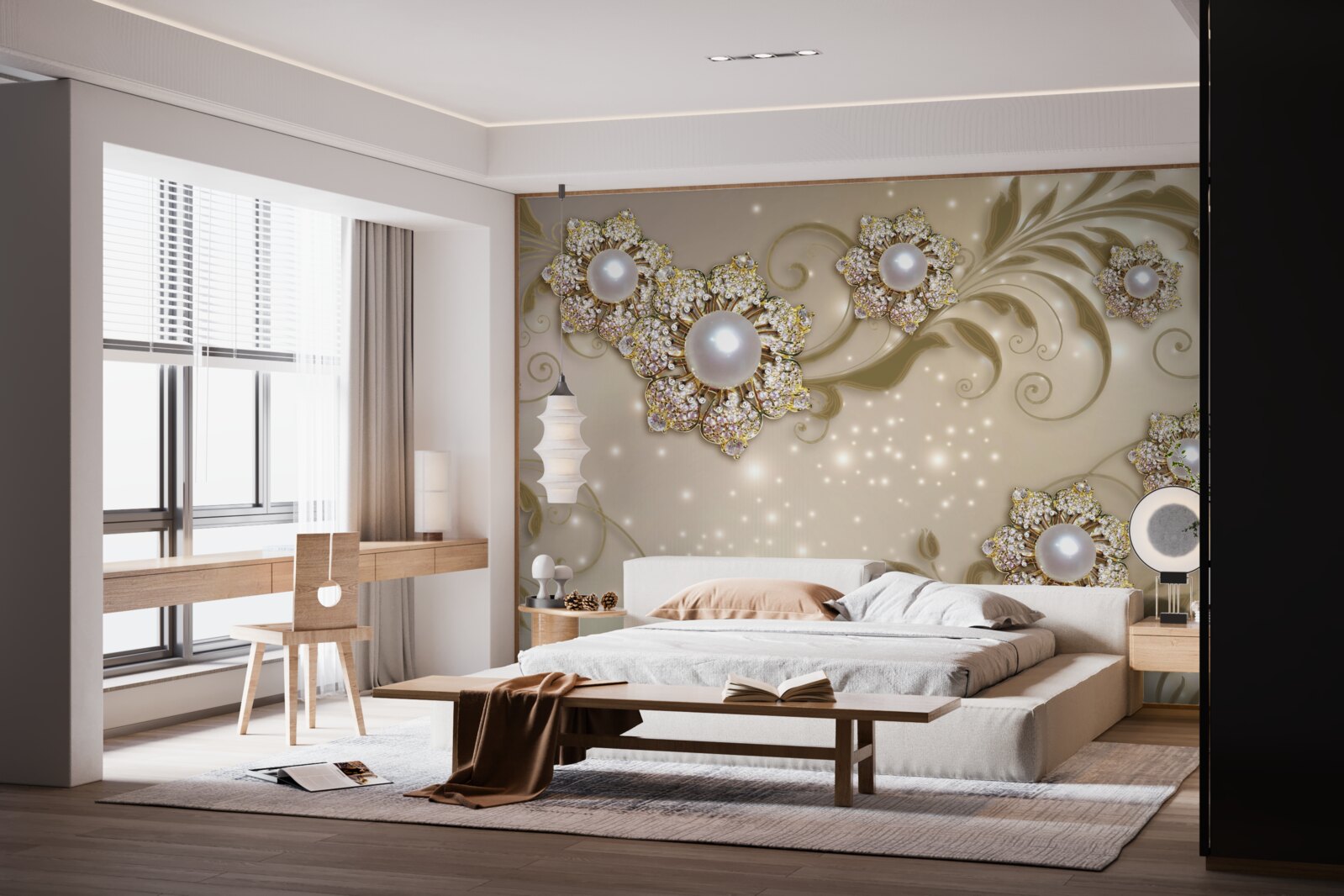 Fototapet bijuterii cu flori și perle în tonuri aurii