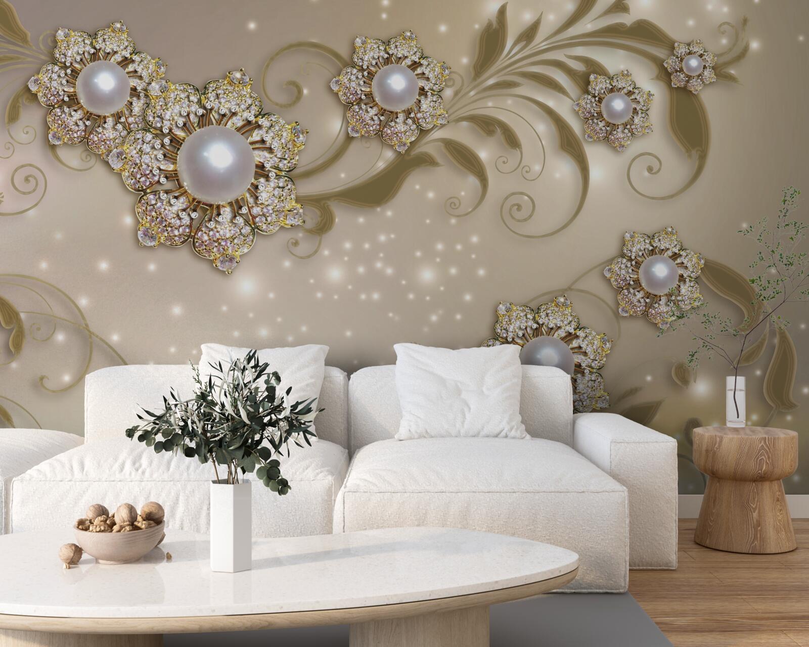 Fototapet bijuterii cu flori și perle în tonuri aurii