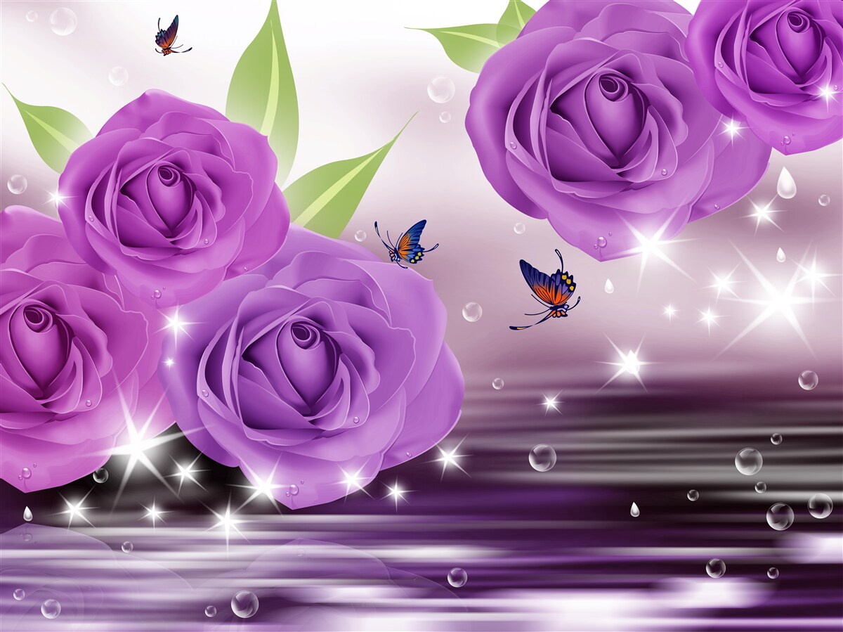 Fototapet fluturii și trandafirii sunt de culoarea liliacului violet închis