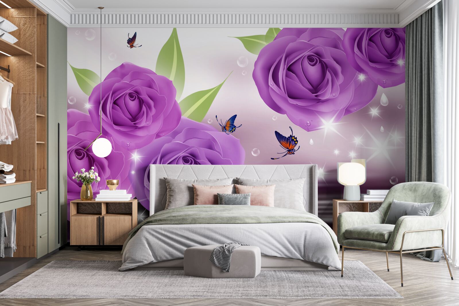 Fototapet fluturii și trandafirii sunt de culoarea liliacului violet închis