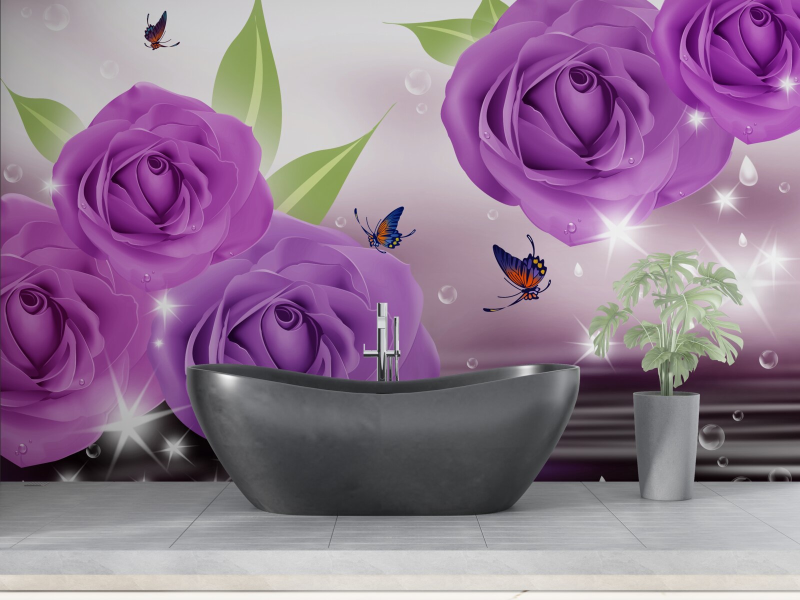 Fototapet fluturii și trandafirii sunt de culoarea liliacului violet închis