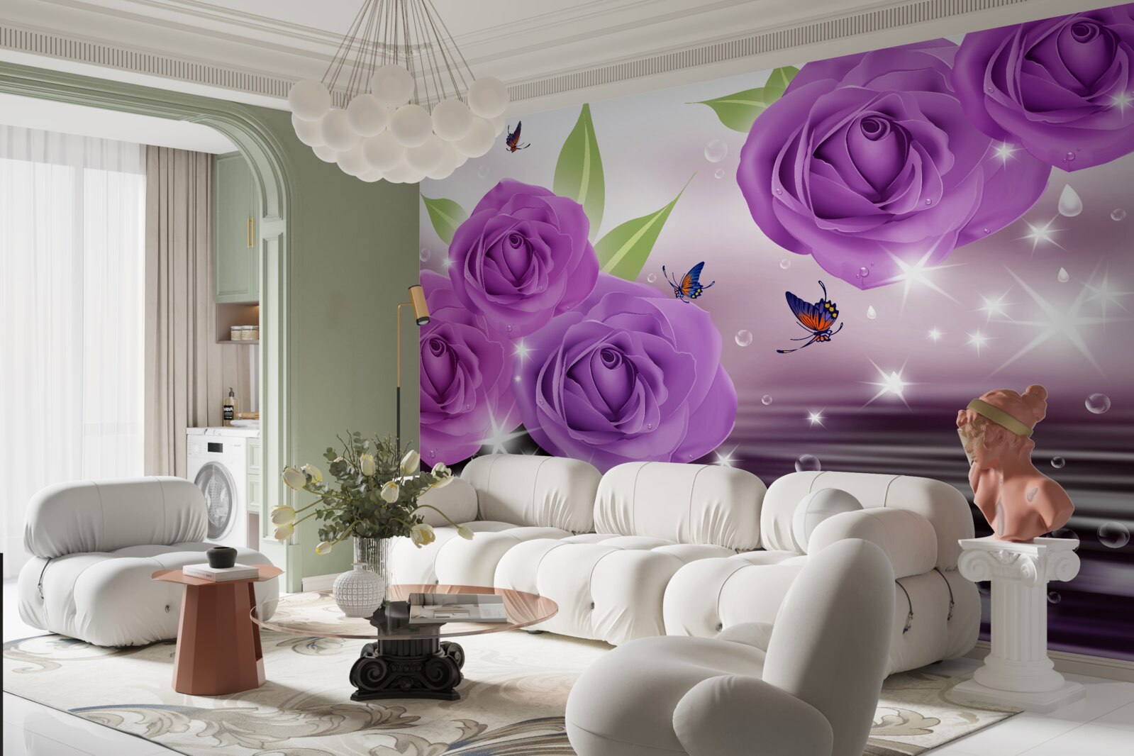 Fototapet fluturii și trandafirii sunt de culoarea liliacului violet închis