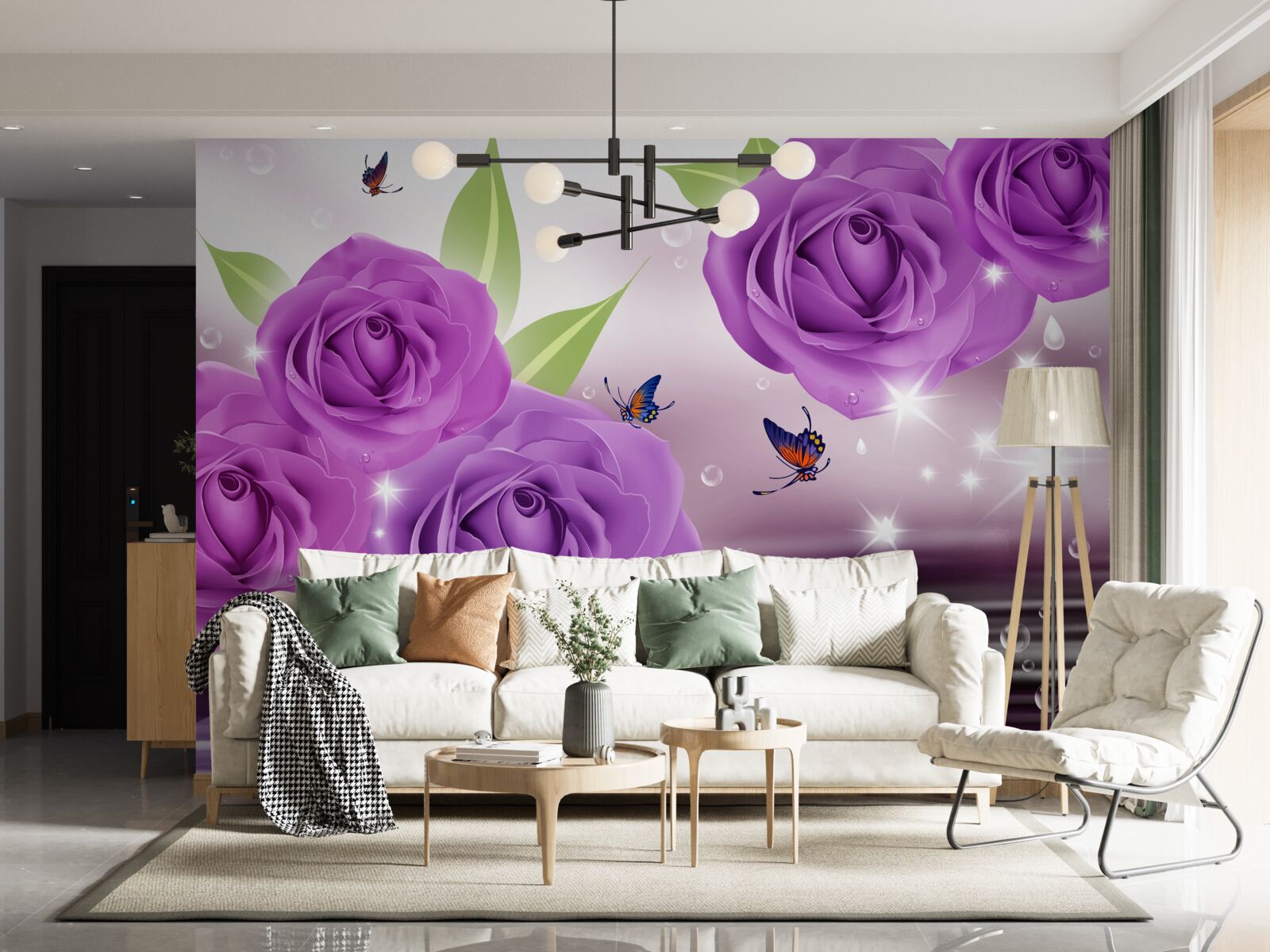 Fototapet fluturii și trandafirii sunt de culoarea liliacului violet închis