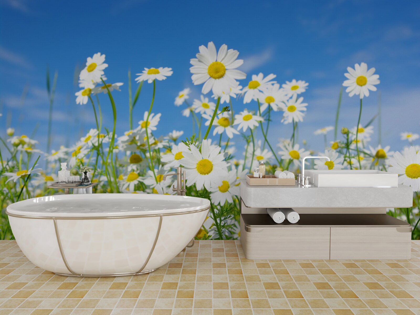 Fototapet mușețel pe o pajiște într-o zi de vară