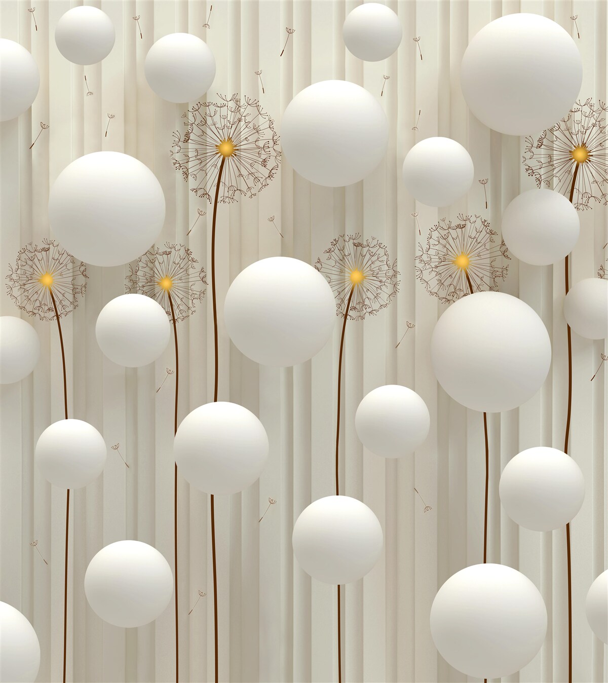 Fototapet păpădie și bile albe care zboară pe cer