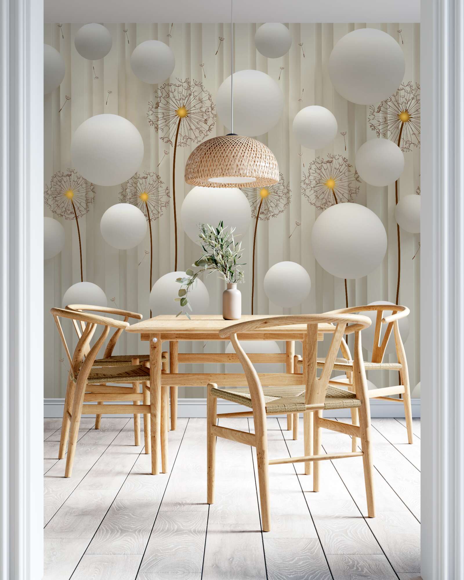 Fototapet păpădie și bile albe care zboară pe cer