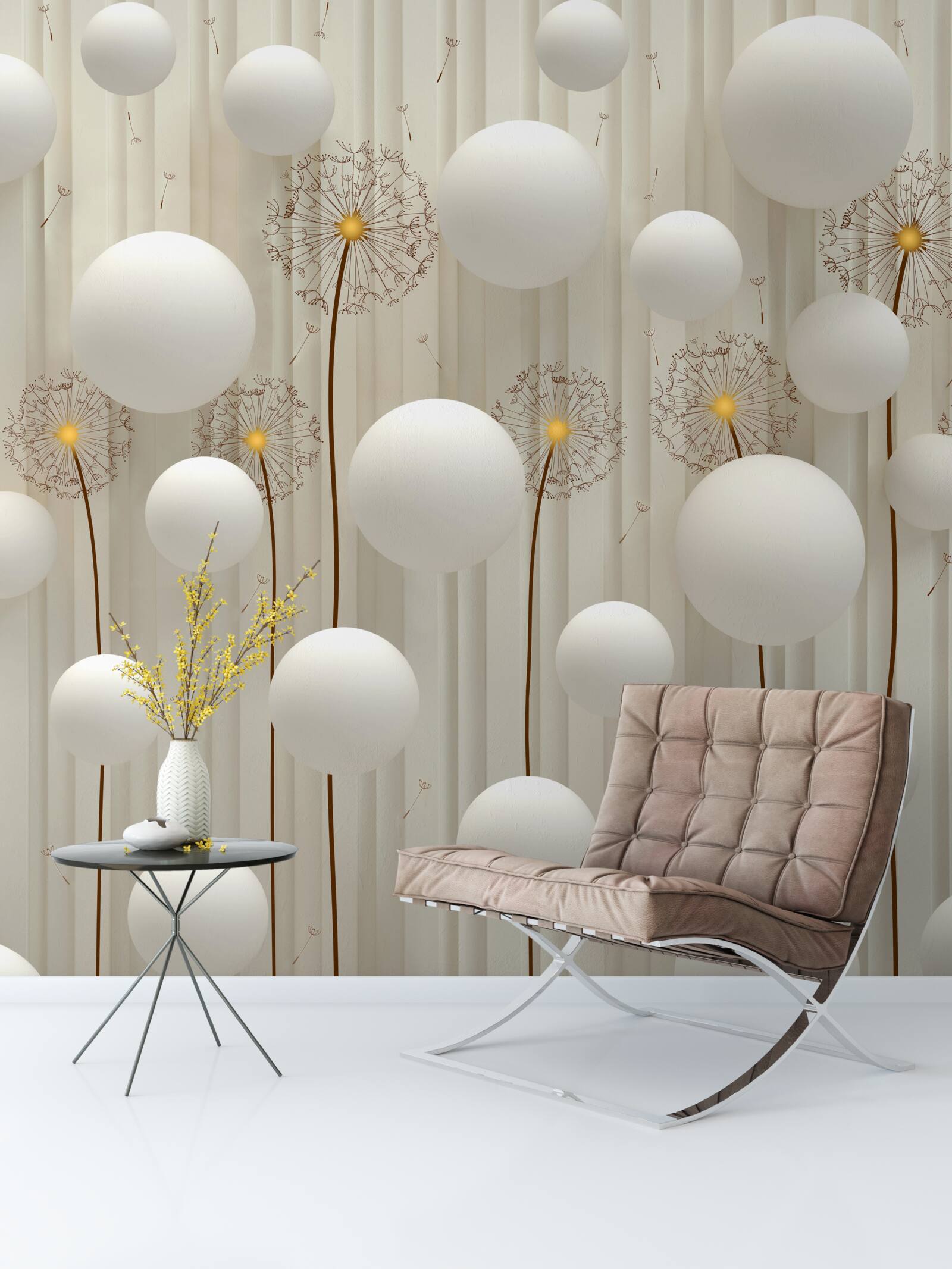 Fototapet păpădie și bile albe care zboară pe cer