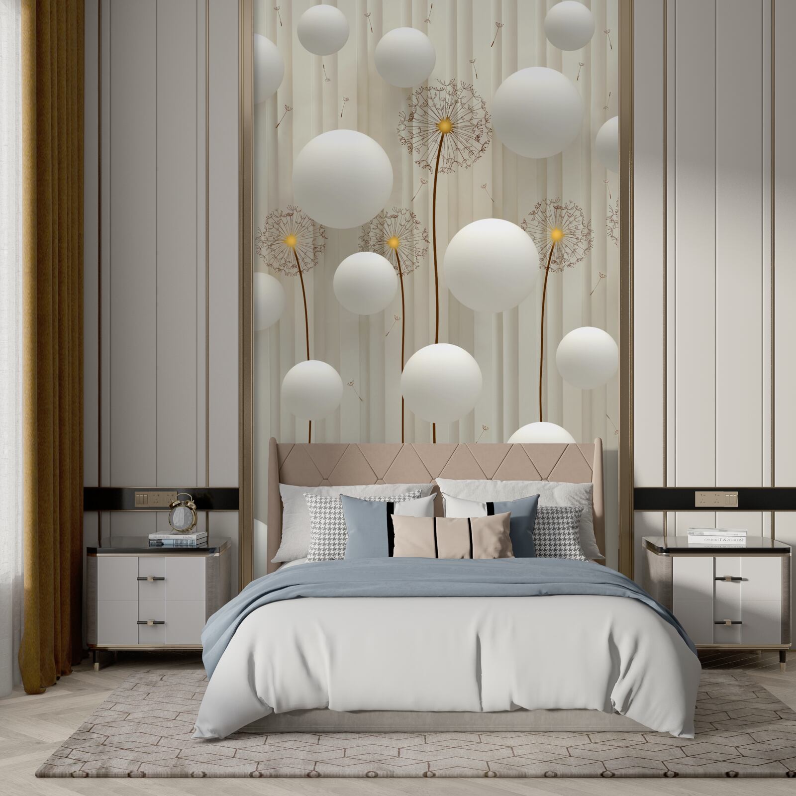 Fototapet păpădie și bile albe care zboară pe cer