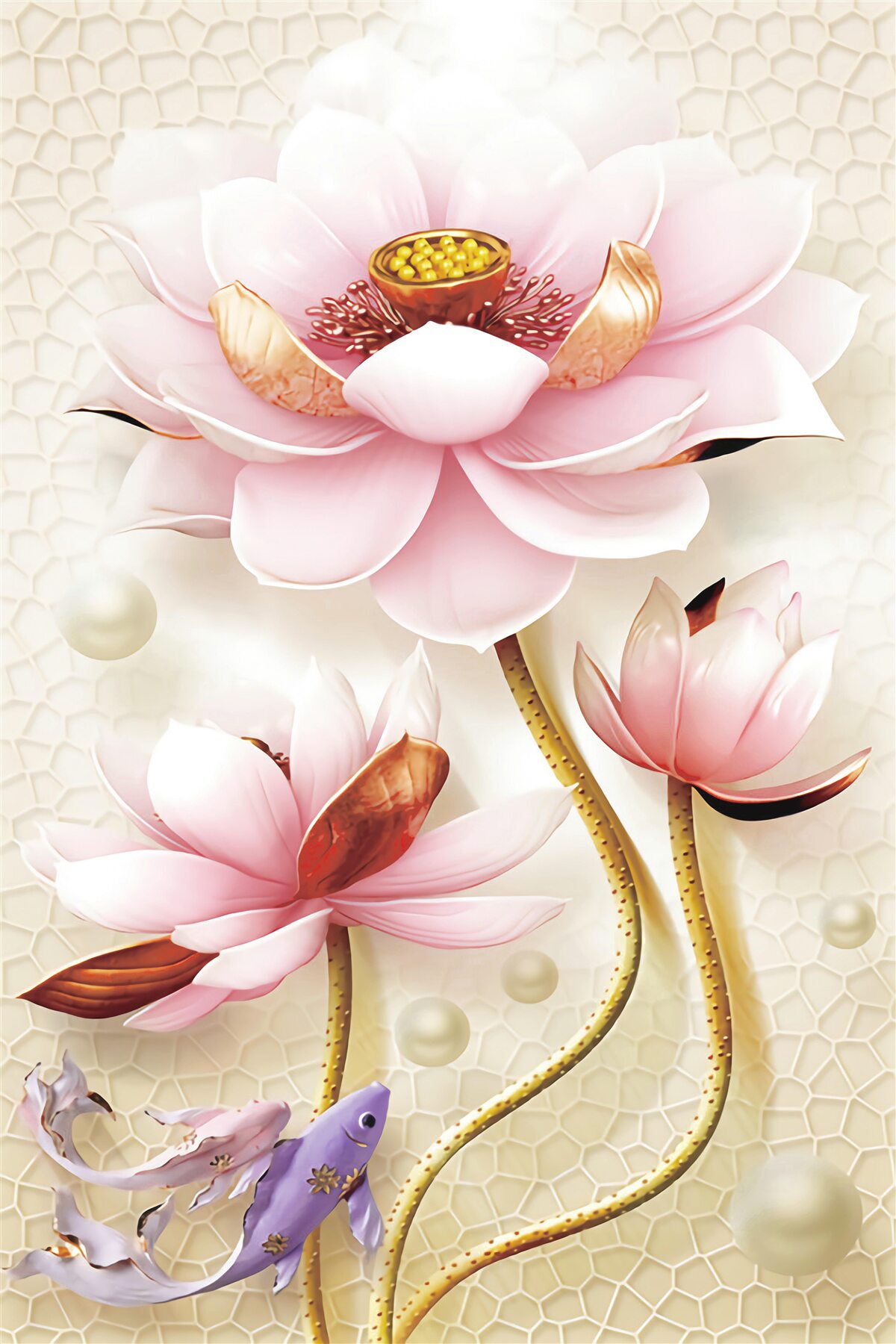 Fototapet doi pești lângă lotuși