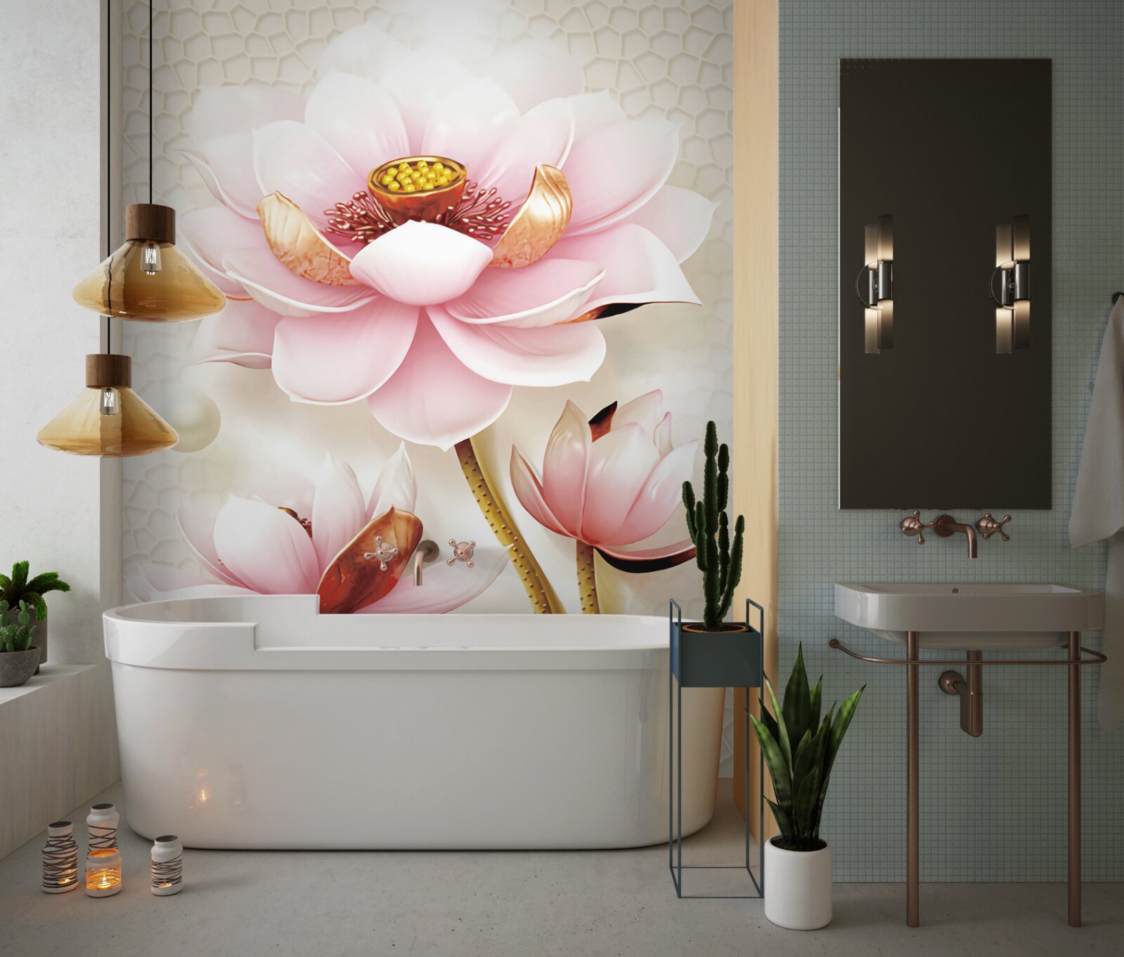 Fototapet doi pești lângă lotuși