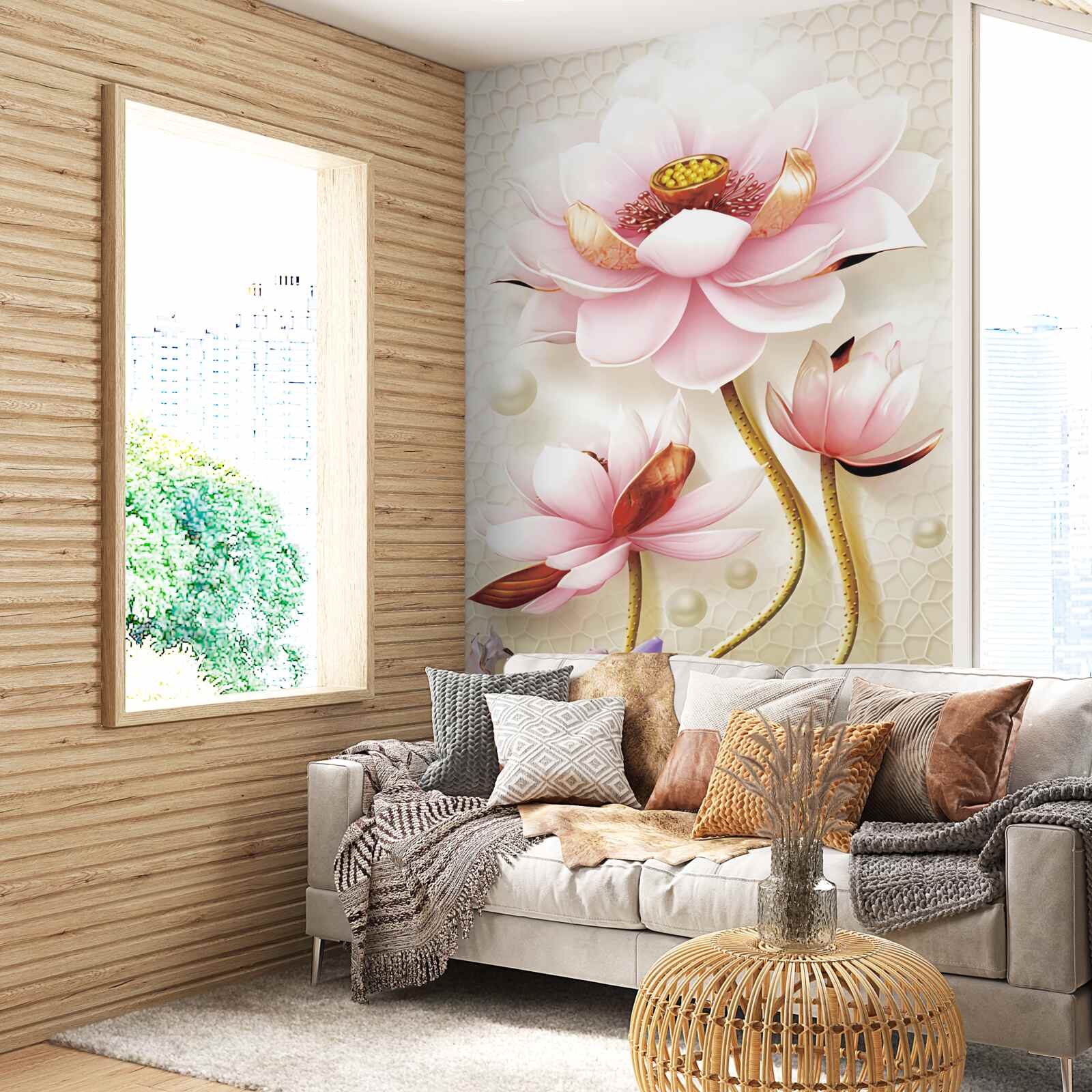 Fototapet doi pești lângă lotuși