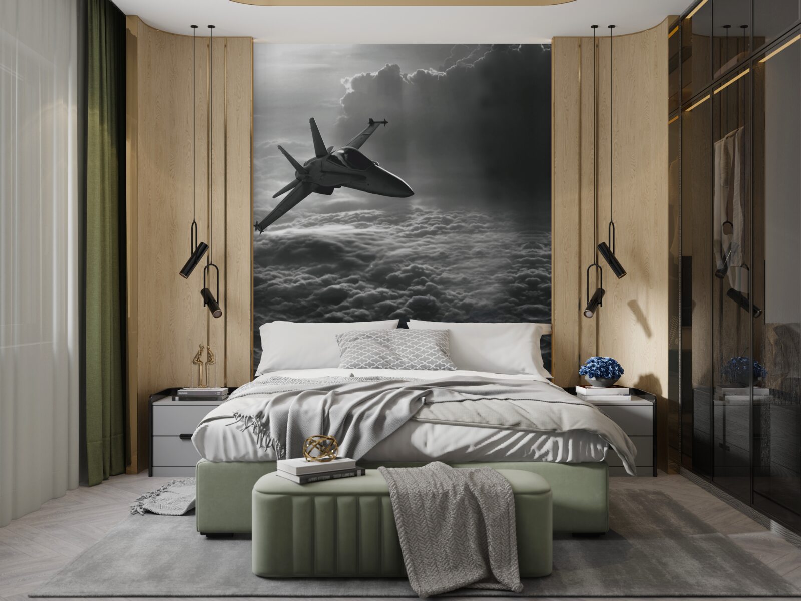 Fototapet avion de vânătoare printre nori