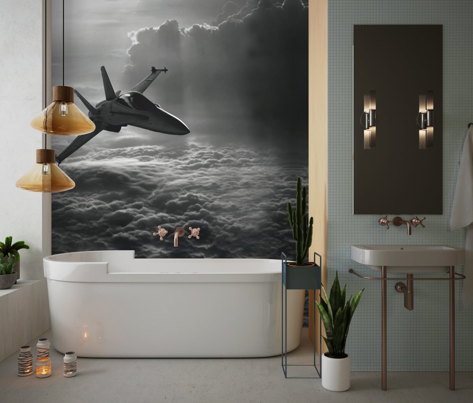 Fototapet avion de vânătoare printre nori