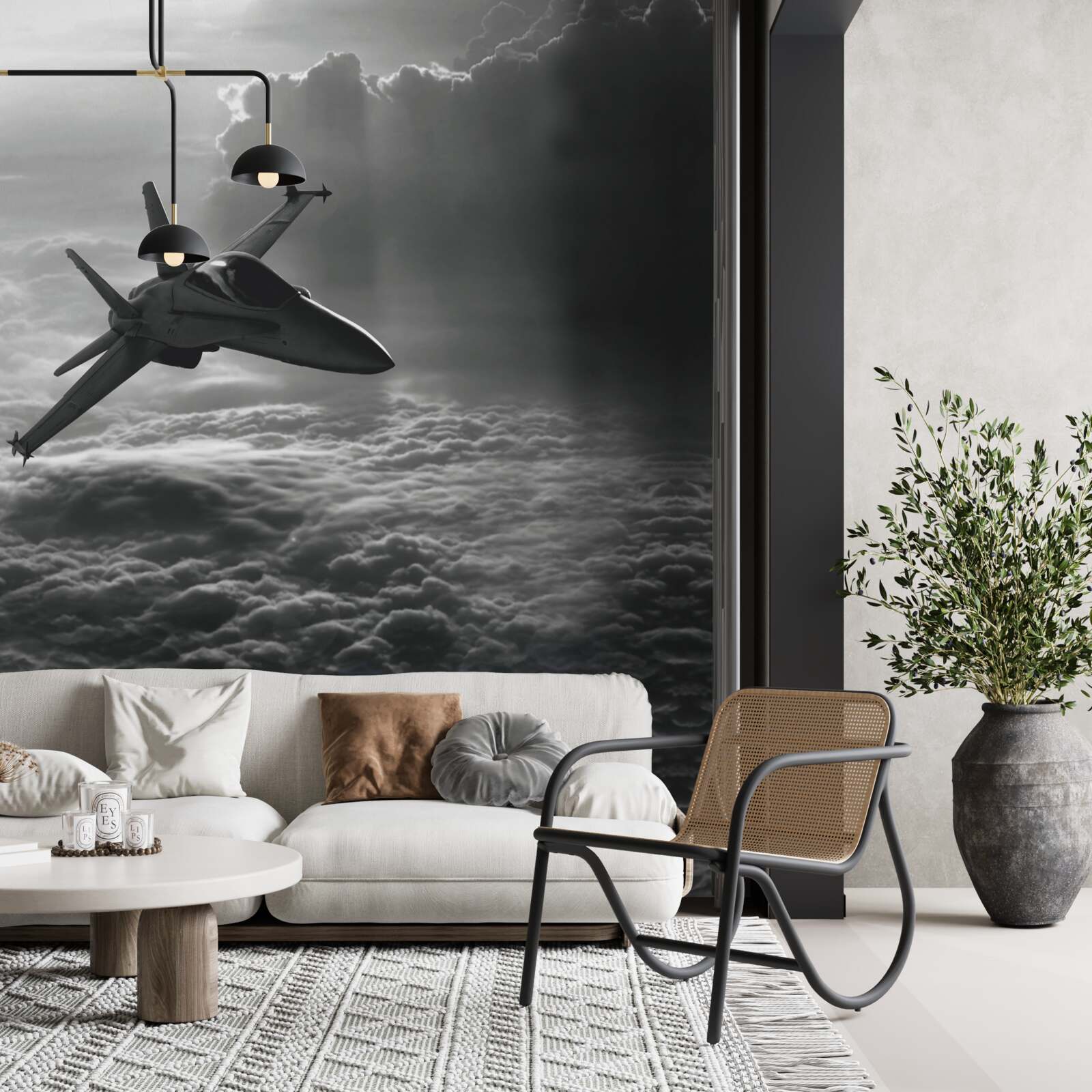 Fototapet avion de vânătoare printre nori