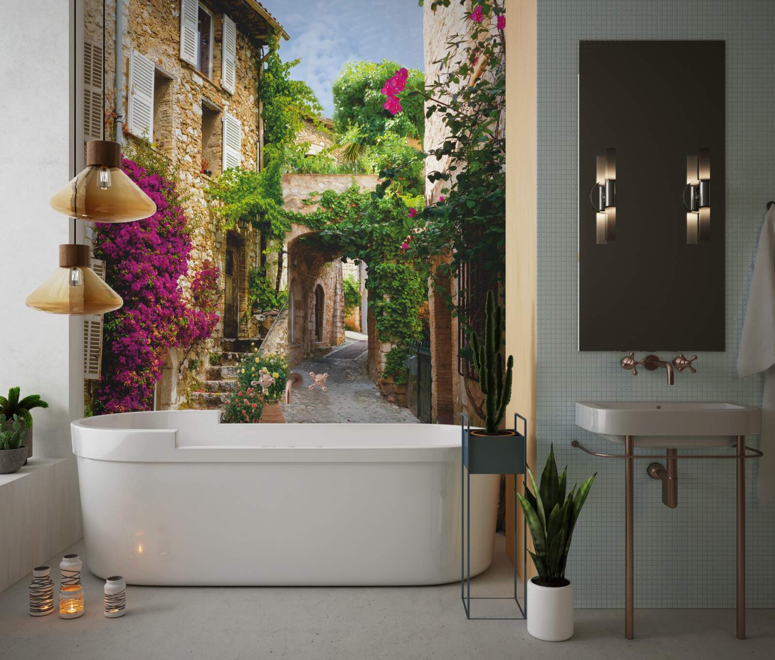 Fototapet strada veche prinde viață cu iedera în floare